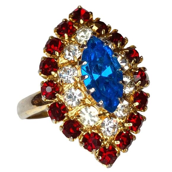 Vintage 60s 70s Cocktail Ring Gold Tone Blue Navette Red Rhinestone Statement - Picture 9 of 13